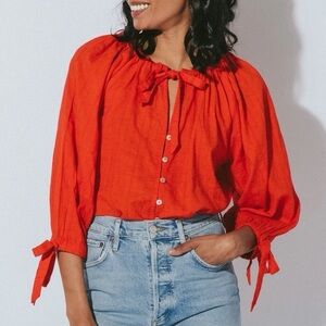 Cleobella Ryan Tie Neck Button Up Top Red Orange Small
